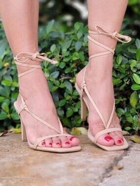 Nude Open Square Toe Lace Up Gladiator Heel Sandals Women’s